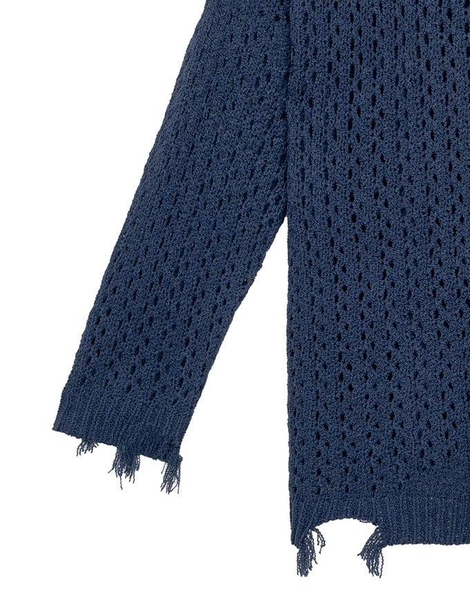 Distressed Hem Open Knit Pullover Sweater