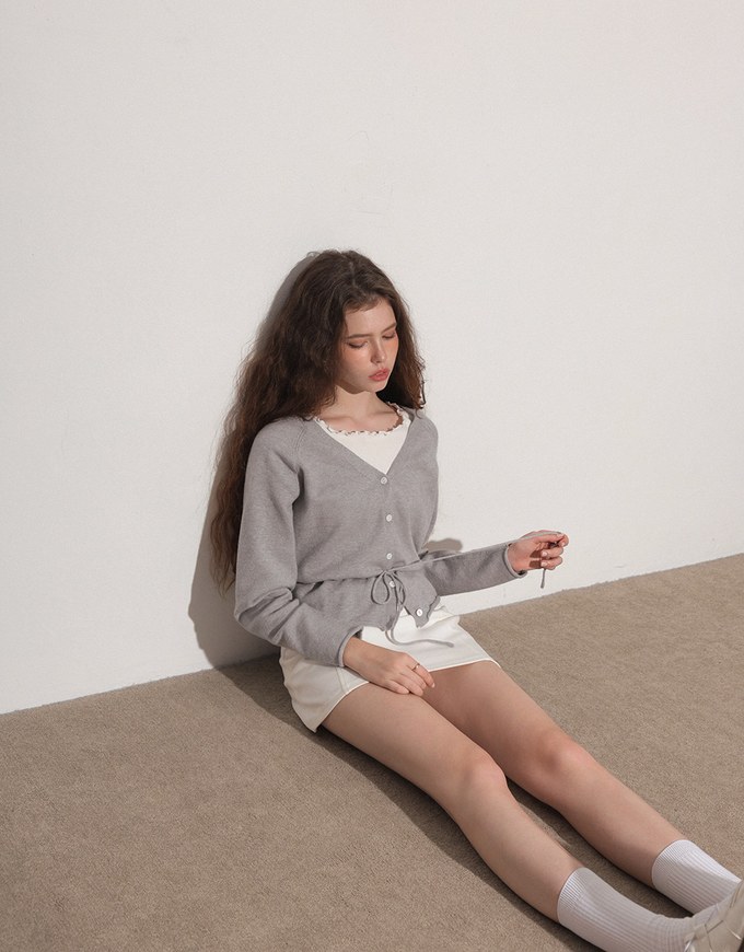 Drawstring Waist V Neck Button Down Knit Cardigan Top