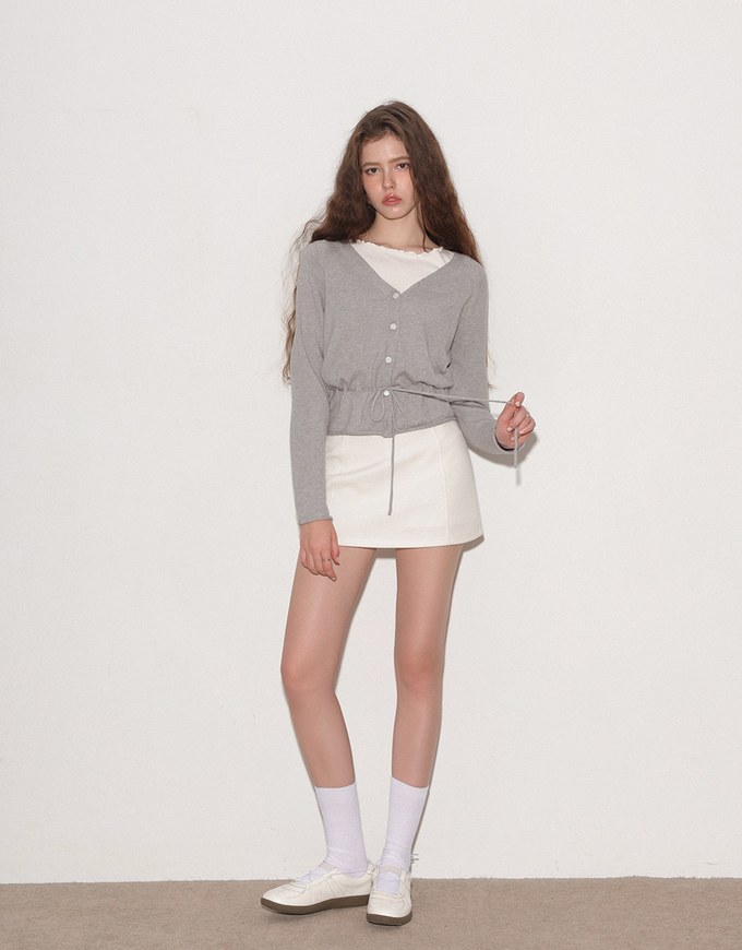 Drawstring Waist V Neck Button Down Knit Cardigan Top