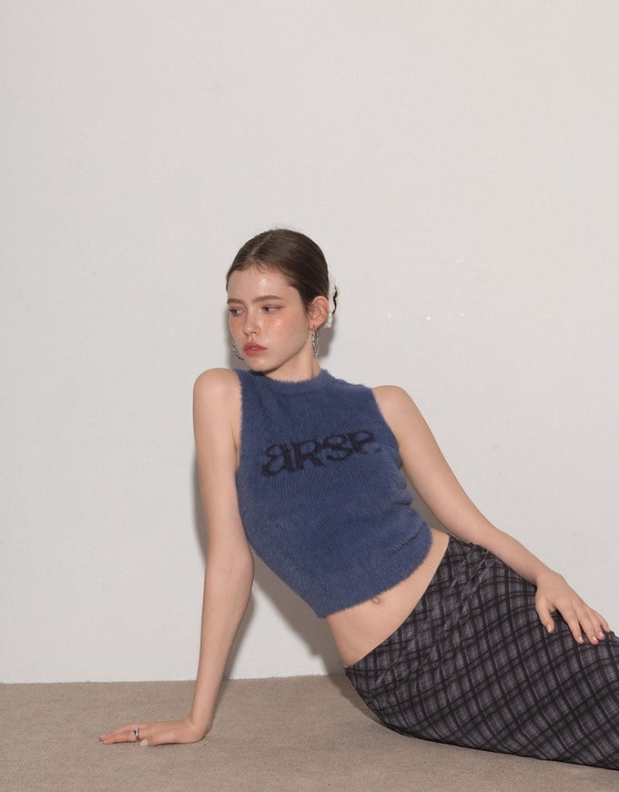Fluffy Faux Fur Sleeveless Crop Tank Top with AIR SPACE Logo Embroidered