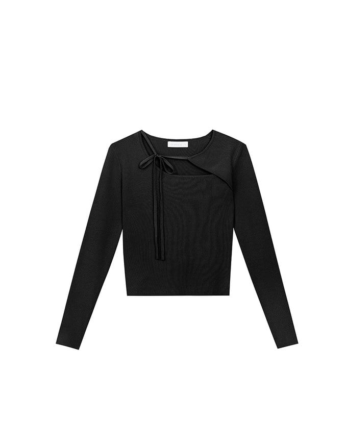 【Ling Cheng Design】Asymmetric Front Tie Knit Long Sleeve Top