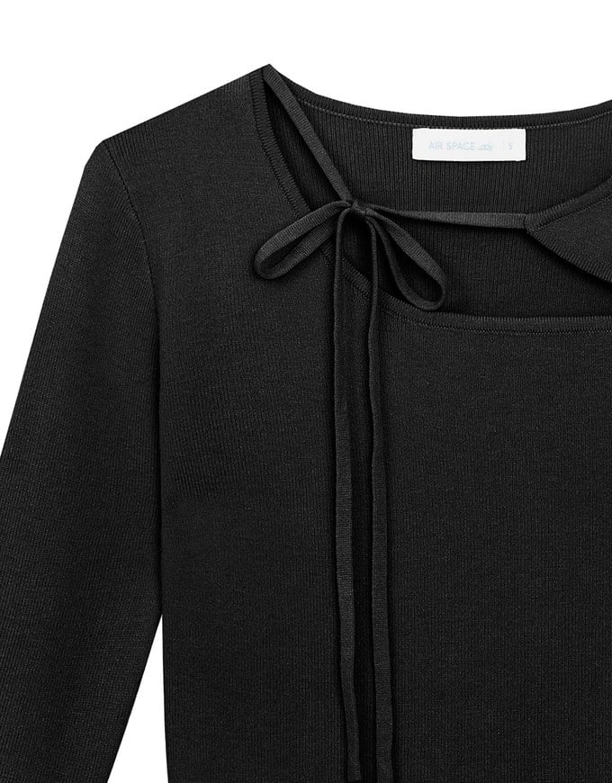 【Ling Cheng Design】Asymmetric Front Tie Knit Long Sleeve Top