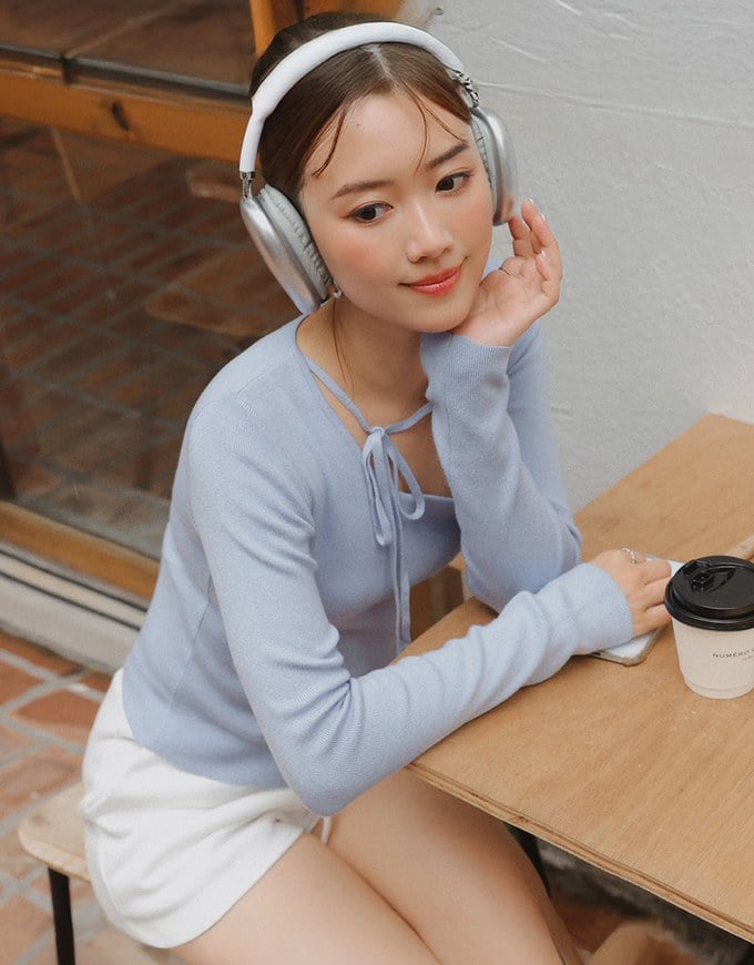 【Ling Cheng Design】Asymmetric Front Tie Knit Long Sleeve Top
