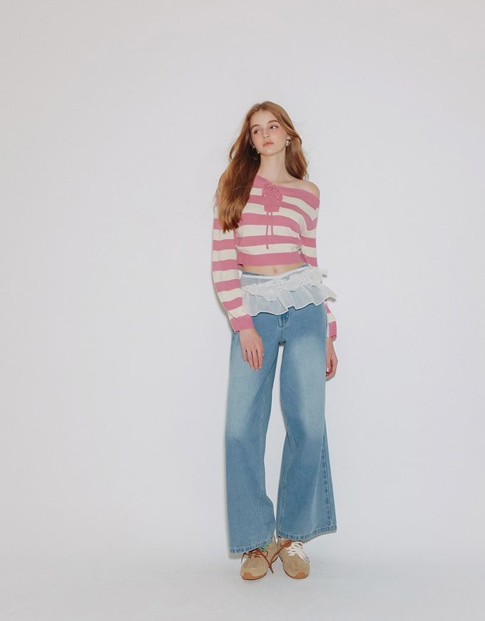 Lace Up Neckline Striped Knit Cropped Long Sleeve Crop Sweater