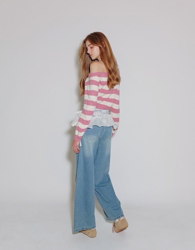 Lace Up Neckline Striped Knit Cropped Long Sleeve Crop Sweater