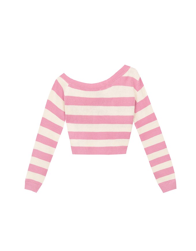 Lace Up Neckline Striped Knit Cropped Long Sleeve Crop Sweater