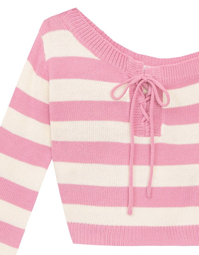 Lace Up Neckline Striped Knit Cropped Long Sleeve Crop Sweater