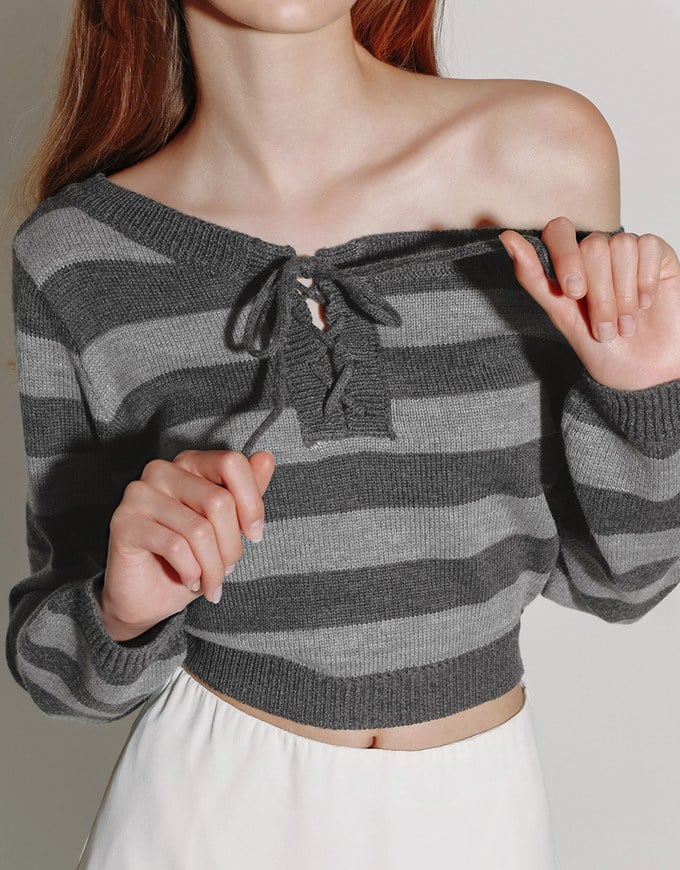 Lace Up Neckline Striped Knit Cropped Long Sleeve Crop Sweater