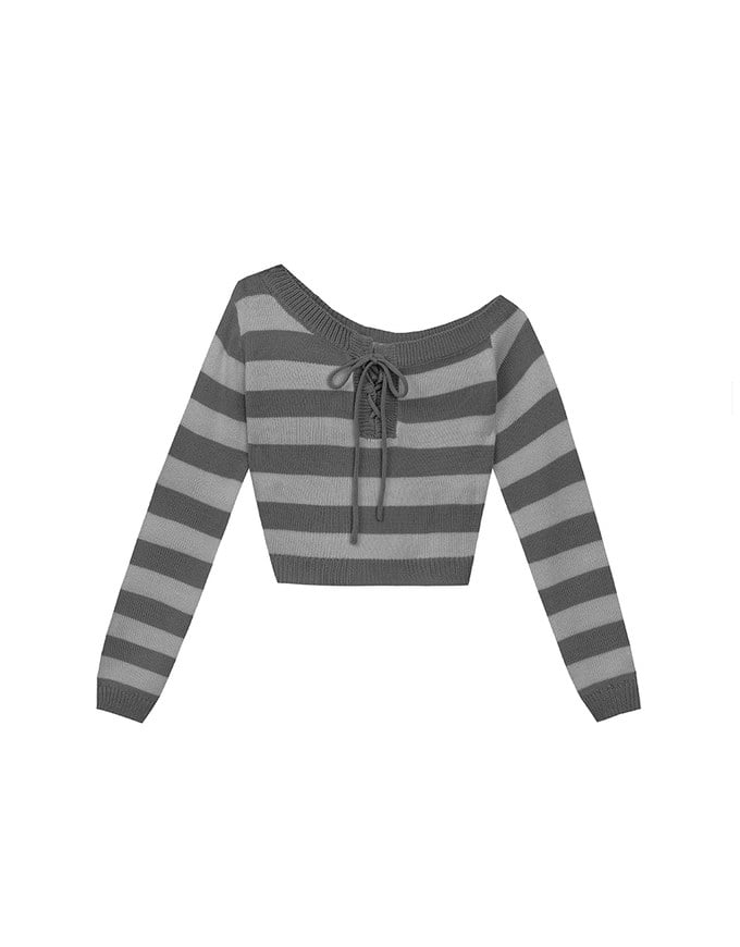 Lace Up Neckline Striped Knit Cropped Long Sleeve Crop Sweater