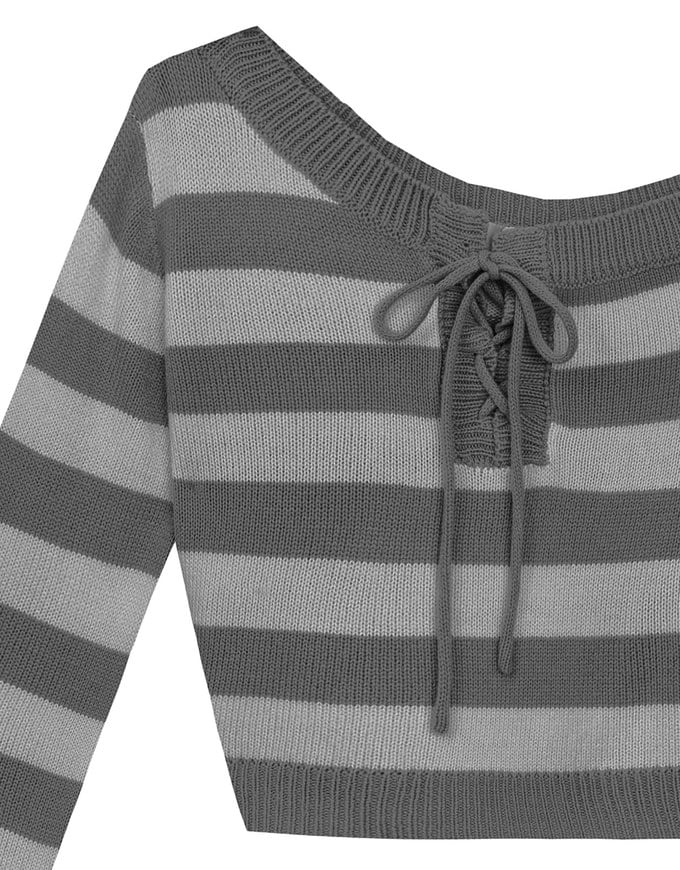 Lace Up Neckline Striped Knit Cropped Long Sleeve Crop Sweater