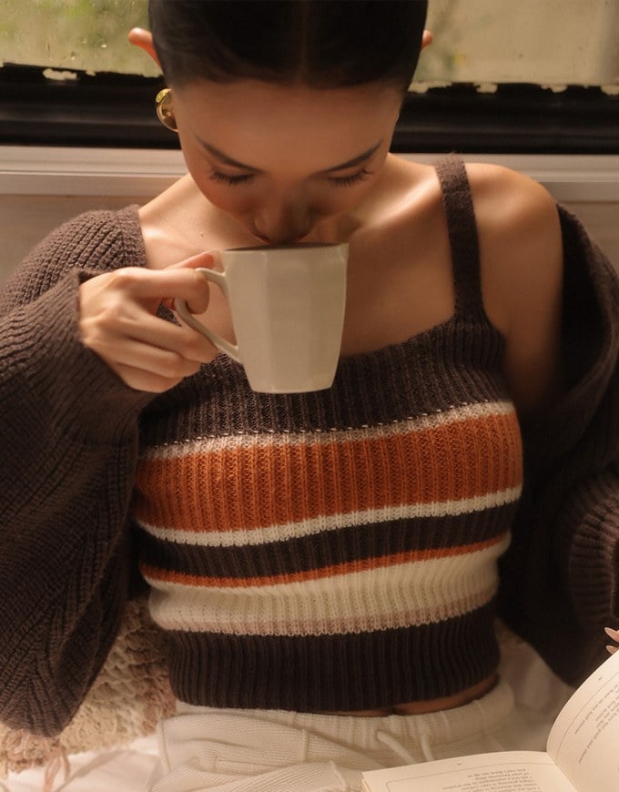 Long Sleeve Knit Cropped Cardigan with Contrast Stripe Cami Top Set Wear