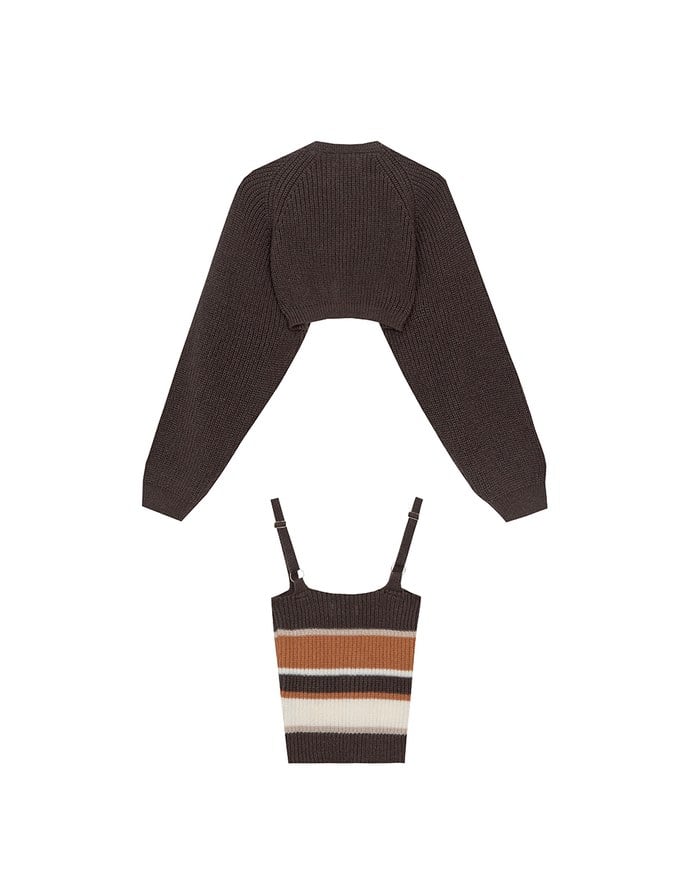 Long Sleeve Knit Cropped Cardigan with Contrast Stripe Cami Top Set Wear