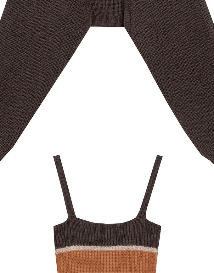 Long Sleeve Knit Cropped Cardigan with Contrast Stripe Cami Top Set Wear