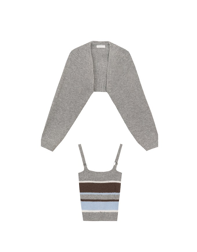 Long Sleeve Knit Cropped Cardigan with Contrast Stripe Cami Top Set Wear