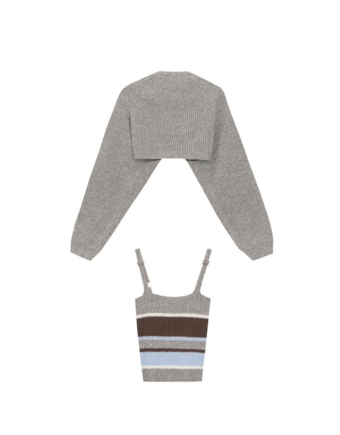 Long Sleeve Knit Cropped Cardigan with Contrast Stripe Cami Top Set Wear