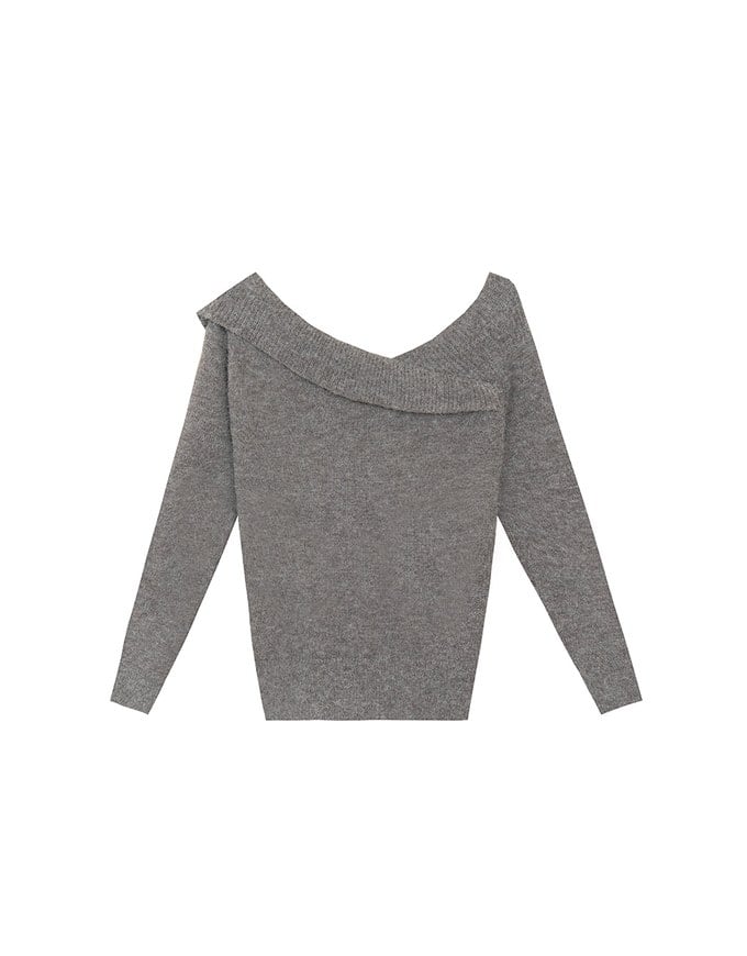 【Ling Cheng Design】Off Shoulder Folded Knit Sweater with Soft Ribbed Texture