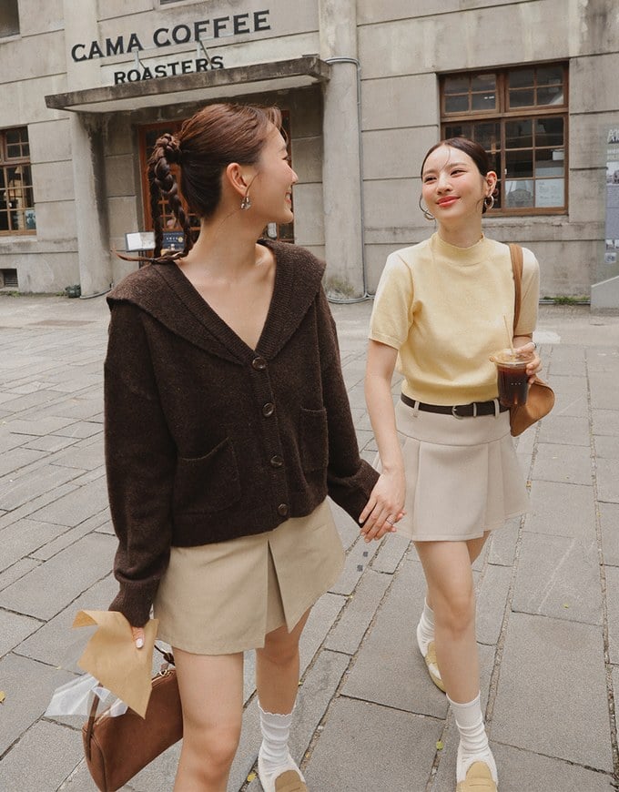 【Ling Cheng Design】Soft Knit Sailor Collar Knit Cardigan with Patch Pockets