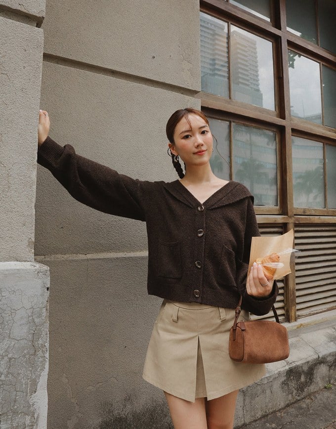 【Ling Cheng Design】Soft Knit Sailor Collar Knit Cardigan with Patch Pockets