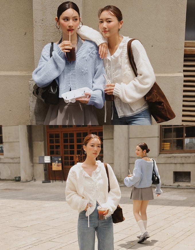 【Ling Cheng Design】Wool Blend V neck Flower Embroidered Button Cardigan