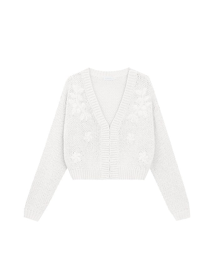 【Ling Cheng Design】Wool Blend V neck Flower Embroidered Button Cardigan