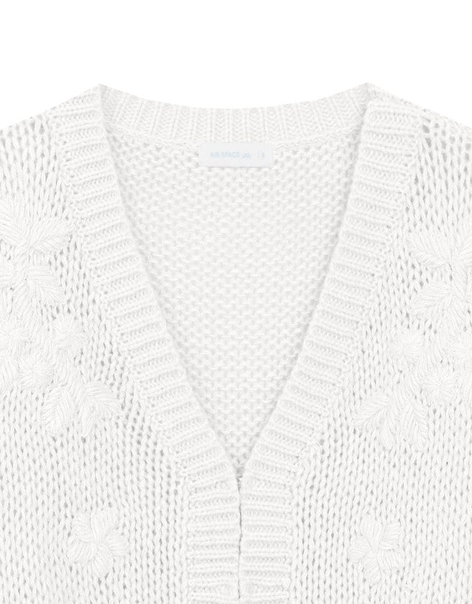 【Ling Cheng Design】Wool Blend V neck Flower Embroidered Button Cardigan