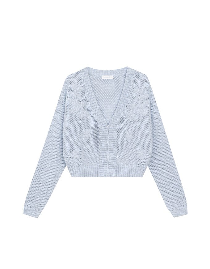 【Ling Cheng Design】Wool Blend V neck Flower Embroidered Button Cardigan