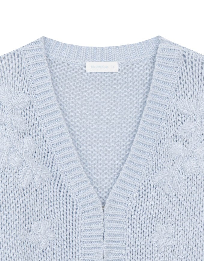 【Ling Cheng Design】Wool Blend V neck Flower Embroidered Button Cardigan