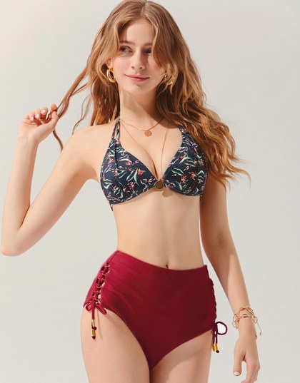 高腰側綁收腹泳褲