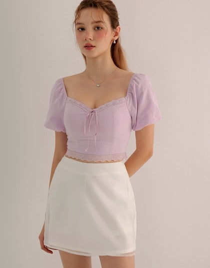2 Way Sweetheart Puff Sleeve Lace Trim Padded Crop Top