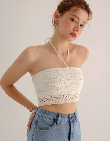 2 Way Convertible Lace Crochet Bandeau Top with Tie Detail
