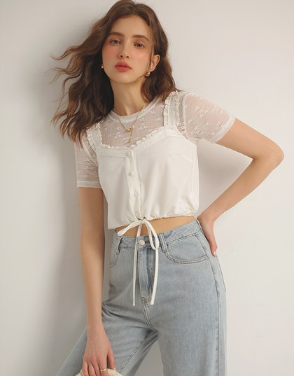 Lace Trim Buttoned Cropped Cami Top with Drawstring Hem