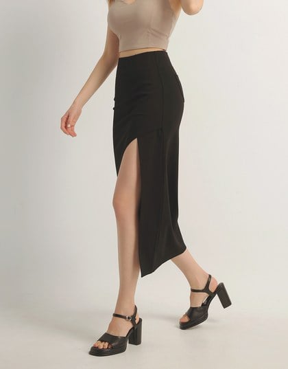 AIRY HOURGLASS Cooling Front Asymmetric Slit Maxi Skirt with Back Pockets