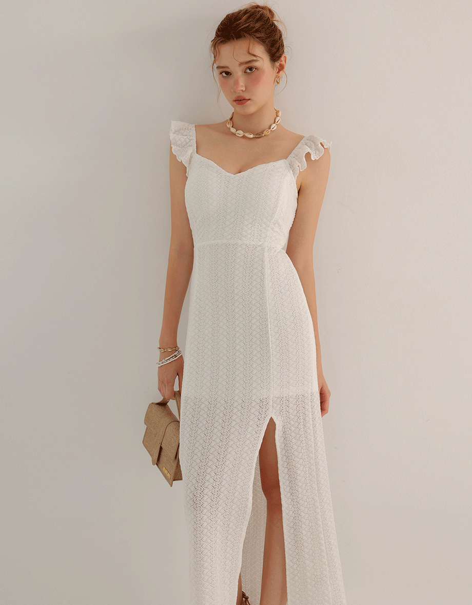 Ruffle Strap Flowy Lace Padded Maxi Dress with Side Slit Design