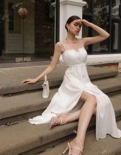 Spaghetti Strap Tassel Front Padded Maxi Dress Featuring Waist Cutouts
