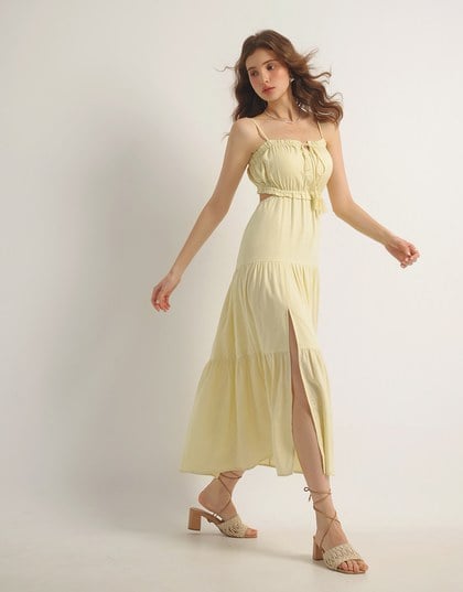 Spaghetti Strap Tassel Front Padded Maxi Dress Featuring Waist Cutouts
