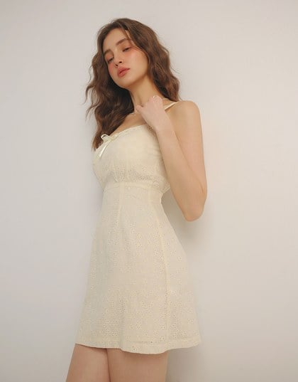 Eyelet Lace Embroidered Padded Mini Dress with Front Ribbon Detail