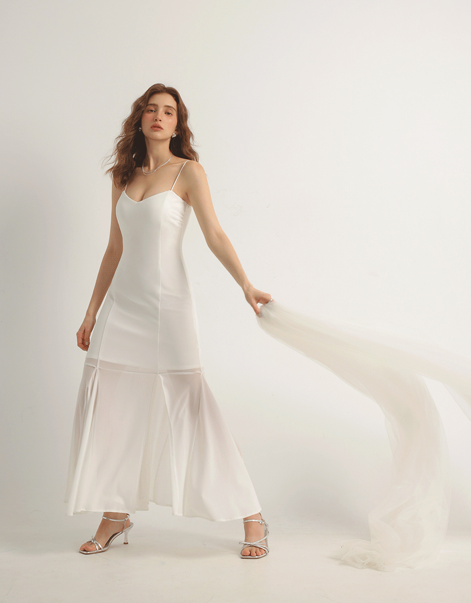 Satin Spaghetti Strap Padded Maxi Dress with Sheer Panel Flare Hem