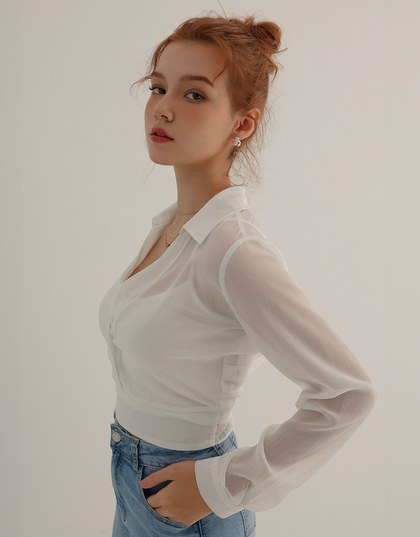Sheer Chiffon Open Collar Blouse With Ribbed Cami Top Set Wear
