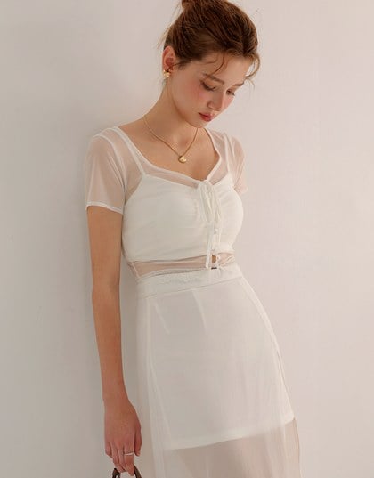 Lace Trimmed Sheer Mesh Outer Top with Front Tie Detail and Solid Spaghetti Strap Cami Padded Top Set Wear