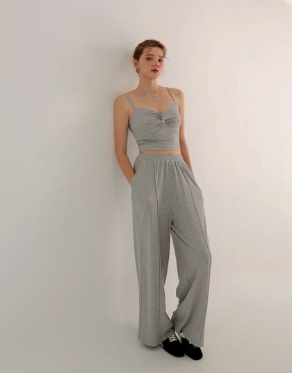Twist Front V Neck Spaghetti Cami Top and Elastic Waist Relaxed Pants Setwear