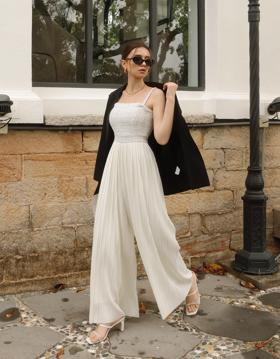 2 Way Tweed Pleated Wide Leg Jumpsuit with Removable Straps