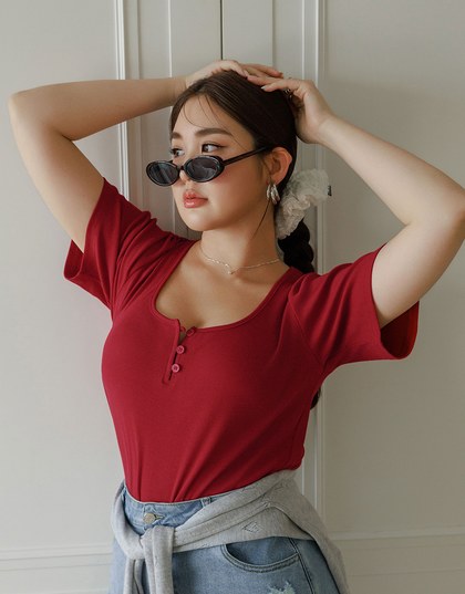 Slim Fit Button Up U Neck Ribbed Crop Top
