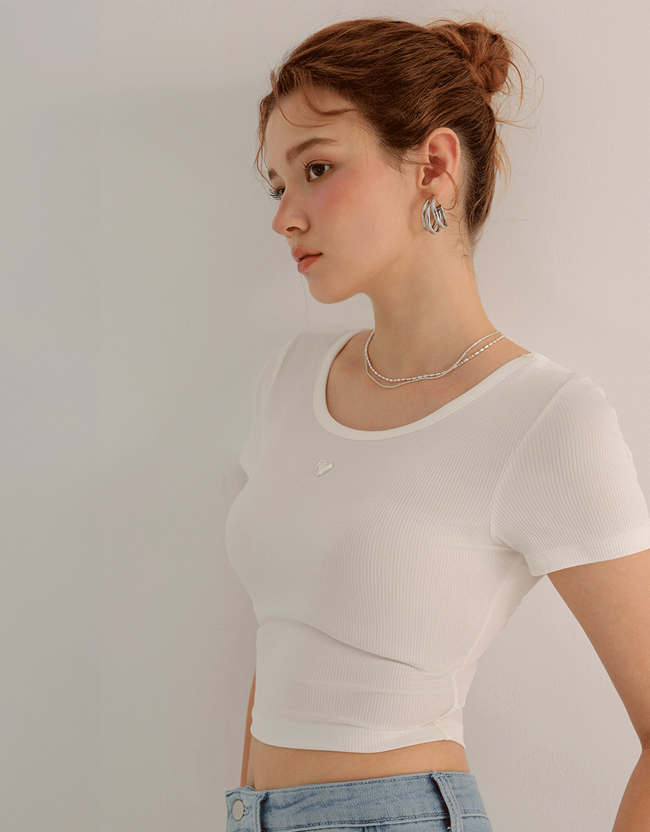 Ribbed Knit Crop Tee with Logo Heart Charm Accent