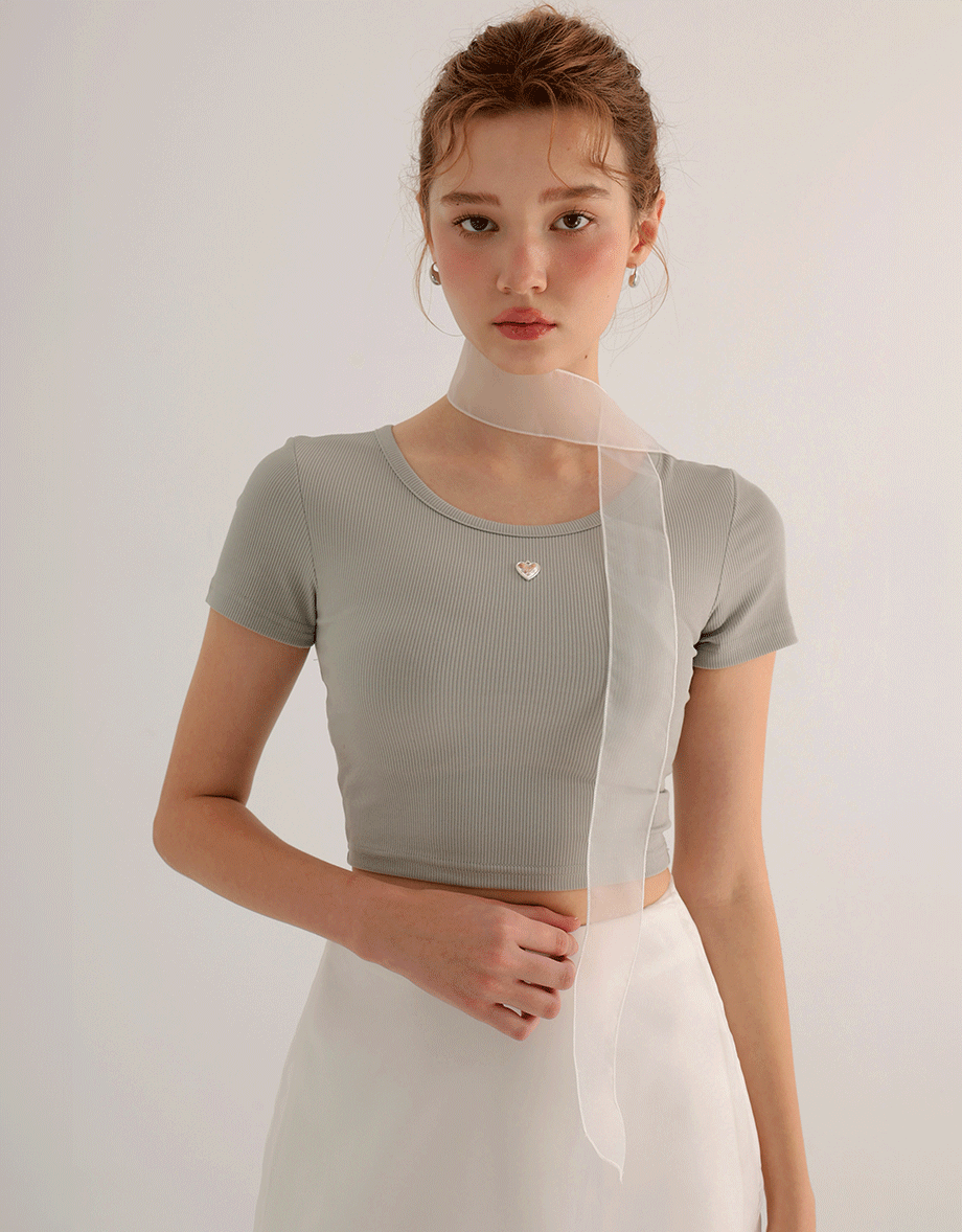 Ribbed Knit Crop Tee with Logo Heart Charm Accent
