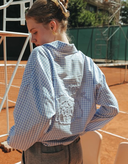 【Lyra & Toby】Embroidery Graphic Oversized Gingham Shirt Blouse