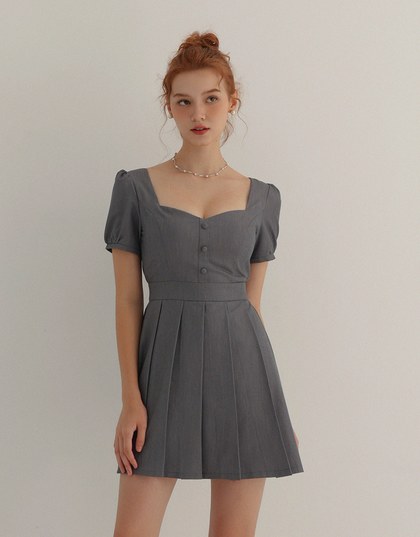 Sweetheart Neck Puff Sleeve Pleated Mini Dress