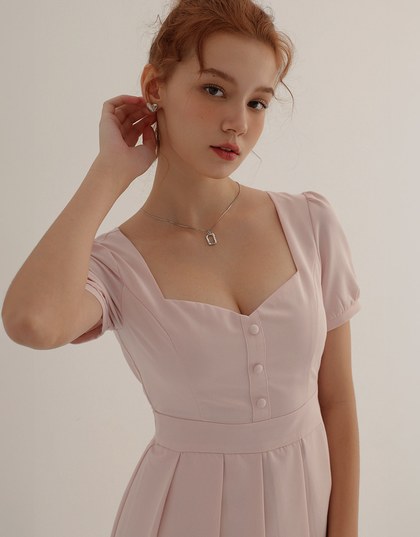 Sweetheart Neck Puff Sleeve Pleated Mini Dress