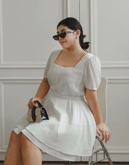 Square Neck Crinkled Texture Puff Sleeve Buttoned Up Mini Dress