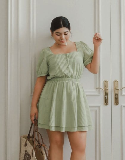 Square Neck Crinkled Texture Puff Sleeve Buttoned Up Mini Dress