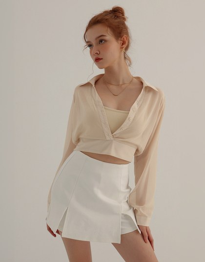 Sheer Chiffon Open Collar Blouse With Ribbed Cami Top Set Wear